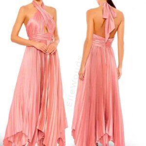 MAC DUGGAL 11302 PLEATED HALTER NECK ASYMMETRICAL HEM ROSE PINK GOWN sz 10